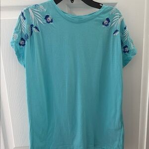 Charter Club Turquoise Floral Embroidered Tee